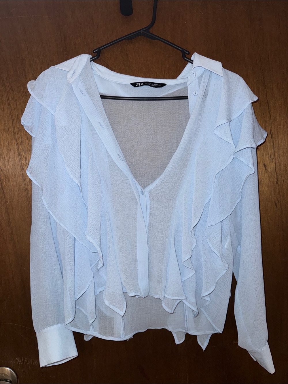 Zara Pale Blue Ruffle V-Neck Blouse